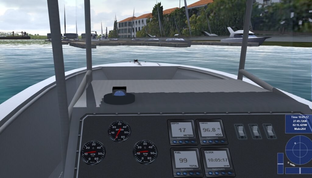 Open fisherman in a docking scenario in a boating simulation